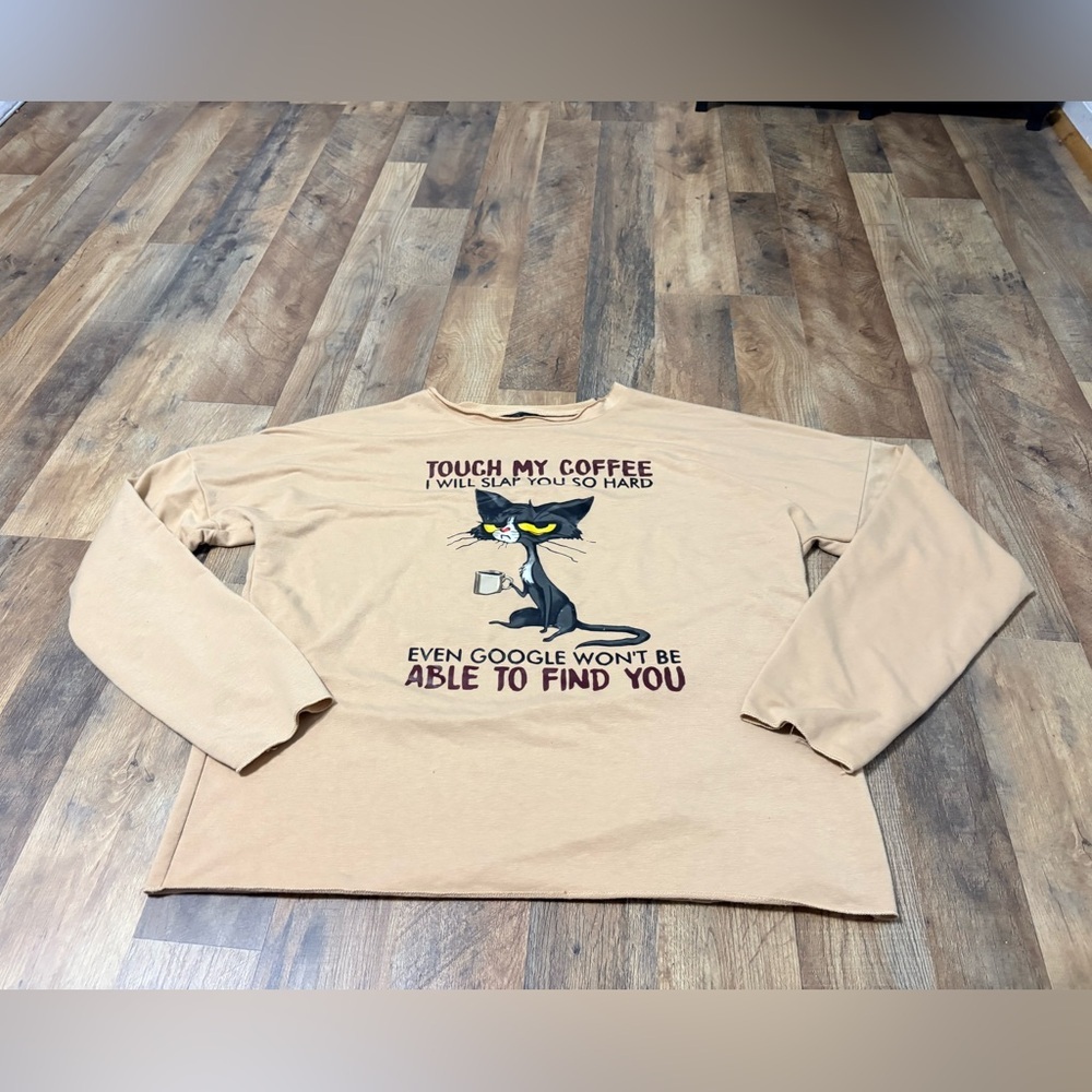 Lilicloth Funny Coffee Cat Graphic Sweatshirt XL Beige Sarcastic Quote Top